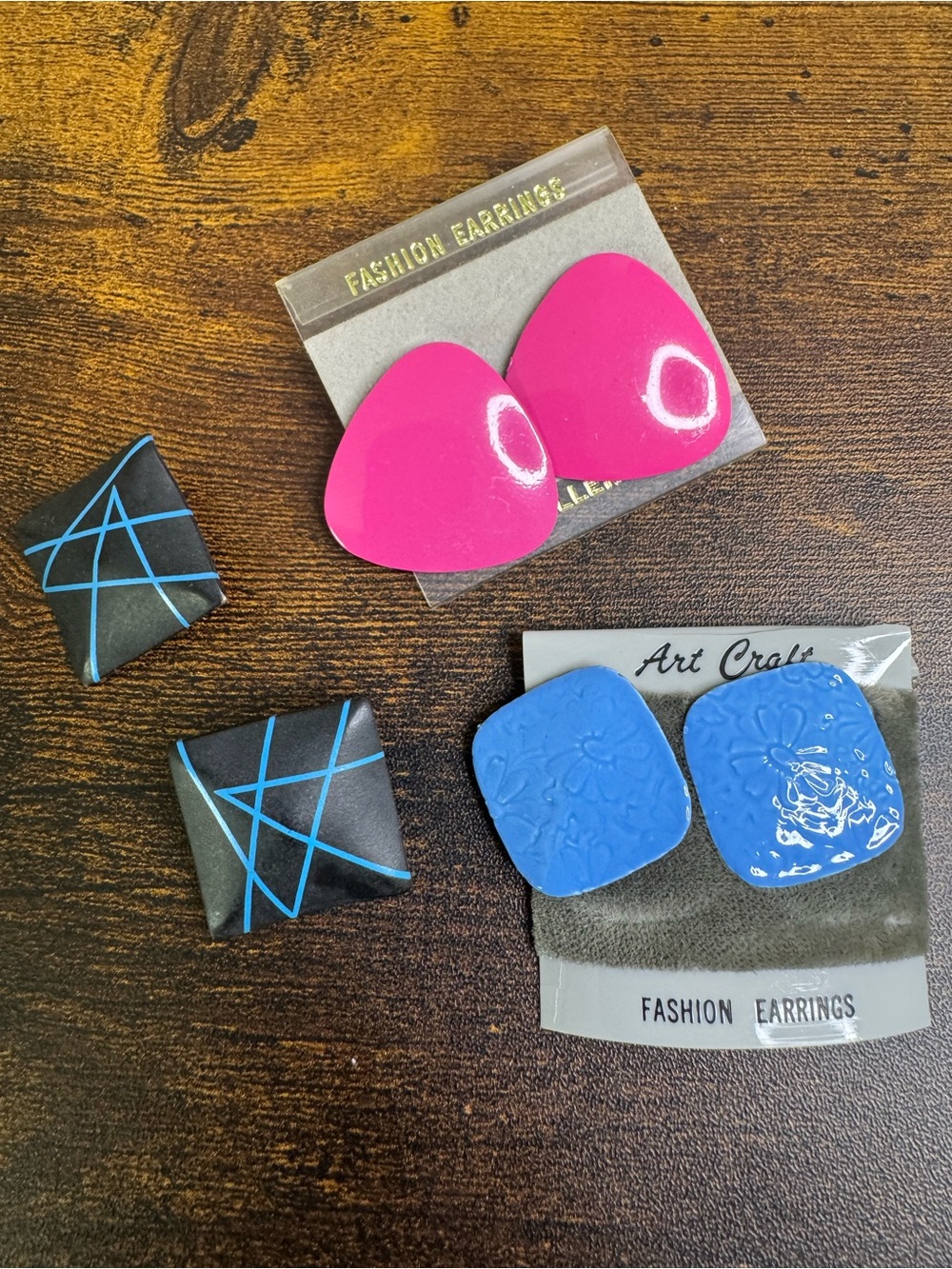 Vintage 80’s Metal Earrings Bundle - 3 Pairs Blue, Pink